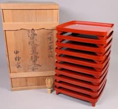 【MB709】大正期 洗朱塗 足付四方膳 十客 幅30.2cm 木製漆器 茶懐石 MB709】大正期 洗朱塗 足付四方膳 十客 幅30.2cm 木製漆器 茶懐石