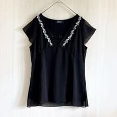 【未使用】刺繍入り Vネック 半袖ブラウス ブラックのサムネイル