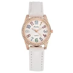 レディース腕時計　白　ＰＵレザー　シンプル★レインボー文字　女性　電池式