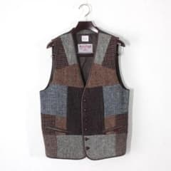 【美品】Papas パパス × ハリスツイード パッチワークベスト M ウール 美品】Papas パパス × ハリスツイード パッチワークベスト M ウール