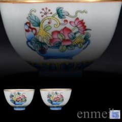 中国古美術・旧蔵・清乾隆粉彩多宝図杯セット・銘紋・唐物・茶碗