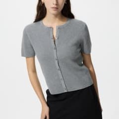 UNIQLO スカラップクルーネックカーディガン 半袖 グレー　Sのサムネイル