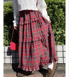 WEGO W♡C 赤チェック ティアードロングスカート サスペンダー付のサムネイル
