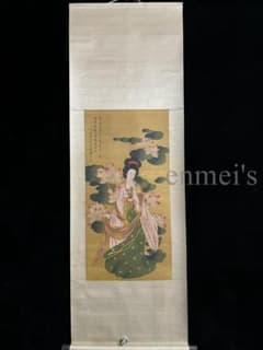 中国古美術 明時代 仇英作款 仕女図 三尺 絹本 掛け軸 巻き物 書画 唐