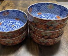 前畑陶器 庫山窯 染錦花鳥 中鉢 盛鉢 間取花紋 古伊万里 19cm 5個