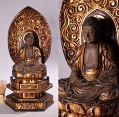 MB362】時代仏教美術 木造 釈迦如来坐像 高45.3cm 仏像 木彫 金彩