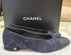 CHANEL レース バレエシューズ ネイビー ブラック　38.5のサムネイル