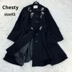 チェスティ Chesty ブラック ノーカラーコート 花柄のビジュー付き XS 