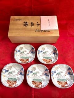 未使用】有田焼 賞美堂 其泉窯 其泉 染錦 春秋文 銘々皿 5枚 木箱入