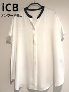 【美品】ICB オンワード樫山 半袖ブラウス L ホワイト 比翼仕立てのサムネイル