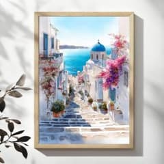 A4 ギリシャ・ミコノス島の美しい街並みとエーゲ海 インテリアアート