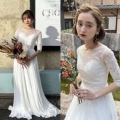 ドレスプロダクション　ウェディングドレス　ボートネック 刺繍レース 袖付きドレスのサムネイル