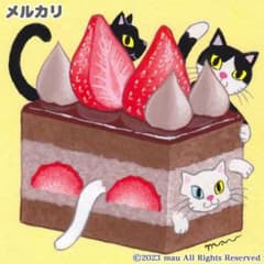 原画「三匹の猫とチョコレートケーキ」ガトーショコラ/猫/イラスト