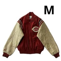 90s Majestic REDS 소매 가죽 울 스타진 M 레드