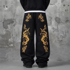 00s archive 자수 블랙 와이드 팬츠 그런 지 y2k swag