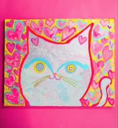 ハートいっぱい白猫さん】F3キャンバス 絵画 イラスト 白猫 猫絵 猫