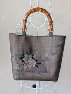 ハンドメイド 大島紬 花と葉柄バンブートート リメイク - メルカリ