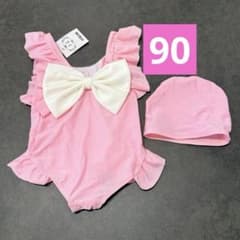 新品タグ付 ワンピース水着 フリル リボン 帽子付き 90 ピンクのサムネイル