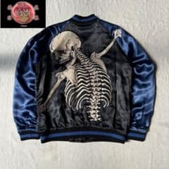 花旅楽団 抱着髑髏柄 ブルー 刺繍 スカル ボーン スカジャン レーヨン