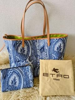 【極美品】エトロ　ペイズリー　トートバッグ　ポーチ付　肩掛　ブルー系 極美品】エトロ ペイズリー トートバッグ ポーチ付 肩掛 ブルー系