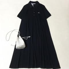 ラコステ 鹿の子マキシ丈ドレス ポロワンピース フレア 半袖 黒 38 L