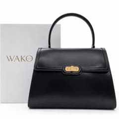 箱付き/外観未使用級◎ WAKO ハンドバッグ レザー 黒 ターンロック 
