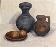 静物画 油彩 壺と玉ねぎのサムネイル