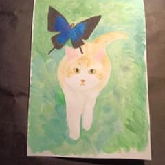 猫の手描きアクリル画イラスト