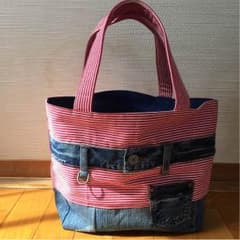 値下げ!!★デニムリメイクバッグ★ヒッコリー★ハンドメイドのサムネイル