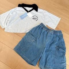クロップド丈Tシャツ、デニムハーフパンツのサムネイル