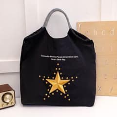 トートバッグ エコバッグ 刺繍 スター 星 ブラック 大容量 軽量 サブバッグのサムネイル