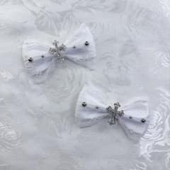 ハンドメイド 白レース リボン ハーフツイン ヘアクリップ 十字架 地雷 量産型のサムネイル