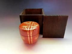 棗■古い蒔絵竹図朱塗り茶入れ 金彩 漆塗り 中棗 時代箱 お茶道具 時代物骨董■ 棗□古い蒔絵竹図朱塗り茶入れ 金彩 漆塗り 中棗 時代箱 お茶道具