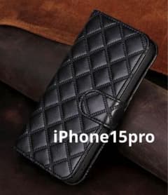iPhone15pro 耐衝撃 手帳型 レザー スマホ ケース 黒 格子柄のサムネイル