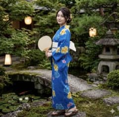 Kansai yukata 浴衣 ブルー 花柄　蝶々　綿100% 花火　夏祭りのサムネイル
