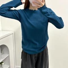 クルーネック ロングスリーブ リブカットソー ブルー 青 シンプル 薄手 長袖のサムネイル