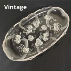 良品 大皿 ガラス 楕円 プレート ローズ バラ　昭和レトロ パーティー 夏のサムネイル