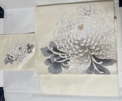 名古屋帯　クリーム系　生成り　オフホワイト　九寸　乱菊　染め帯のサムネイル
