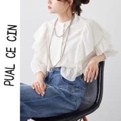 PUAL CE CIN コットンリネンフリルバンドカラーブラウス