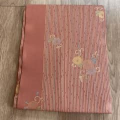 秋にぴったり　名古屋帯 塩瀬　菊文様 縞模様 赤茶色　金彩のサムネイル