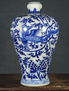 清時代 康熙 青花 鳳凰文 梅瓶 中国古美術 骨董品 時代物 旧家蔵出し