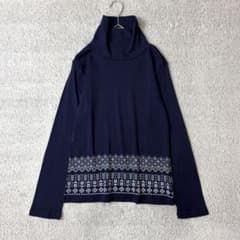 タートルネック　カットソー　長袖　コットン100% L ネイビー　幾何学模様