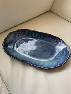 未使用・箱付】萩焼 作家物 清玩作 楕円プレート 青 皿 萩陶苑 ブルー