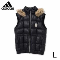 adidas アディダス 中綿ダウンベスト ファー付きフード L ブラック