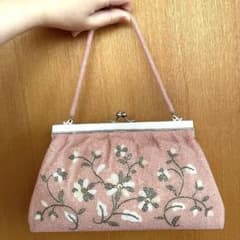はしもと　ビーズ花柄ハンドバッグ ピンク 銀座【G-3388】ルミーはしもと製 ビーズ刺繍 バッグ 抽象文 金色