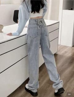 SHEIN バックリボンストレートハイウェストデニムパンツのサムネイル
