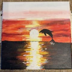 ハンドメイド 絵画 イルカ 夕日 キャンバスアートのサムネイル