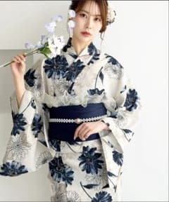 レディース 浴衣 帯セット 紺色花柄 フリル帯 パール飾り付きのサムネイル