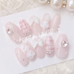 ネイルチップ ツイード フレンチガーリー ワンホン 量産型 韓国 リボン