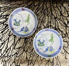 骨董　図変わり印判　希少　雪輪に福助　蓑亀　縁起図案　色絵印判　手塩皿　２客 骨董 図変わり印判 希少 雪輪に福助 蓑亀 縁起図案 色絵印判 手塩皿 2